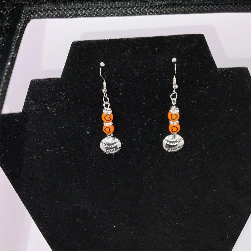 Baseball, Softball W/ Org. Hearts Hook Earrings Shiny Finish Silver PlayBall New